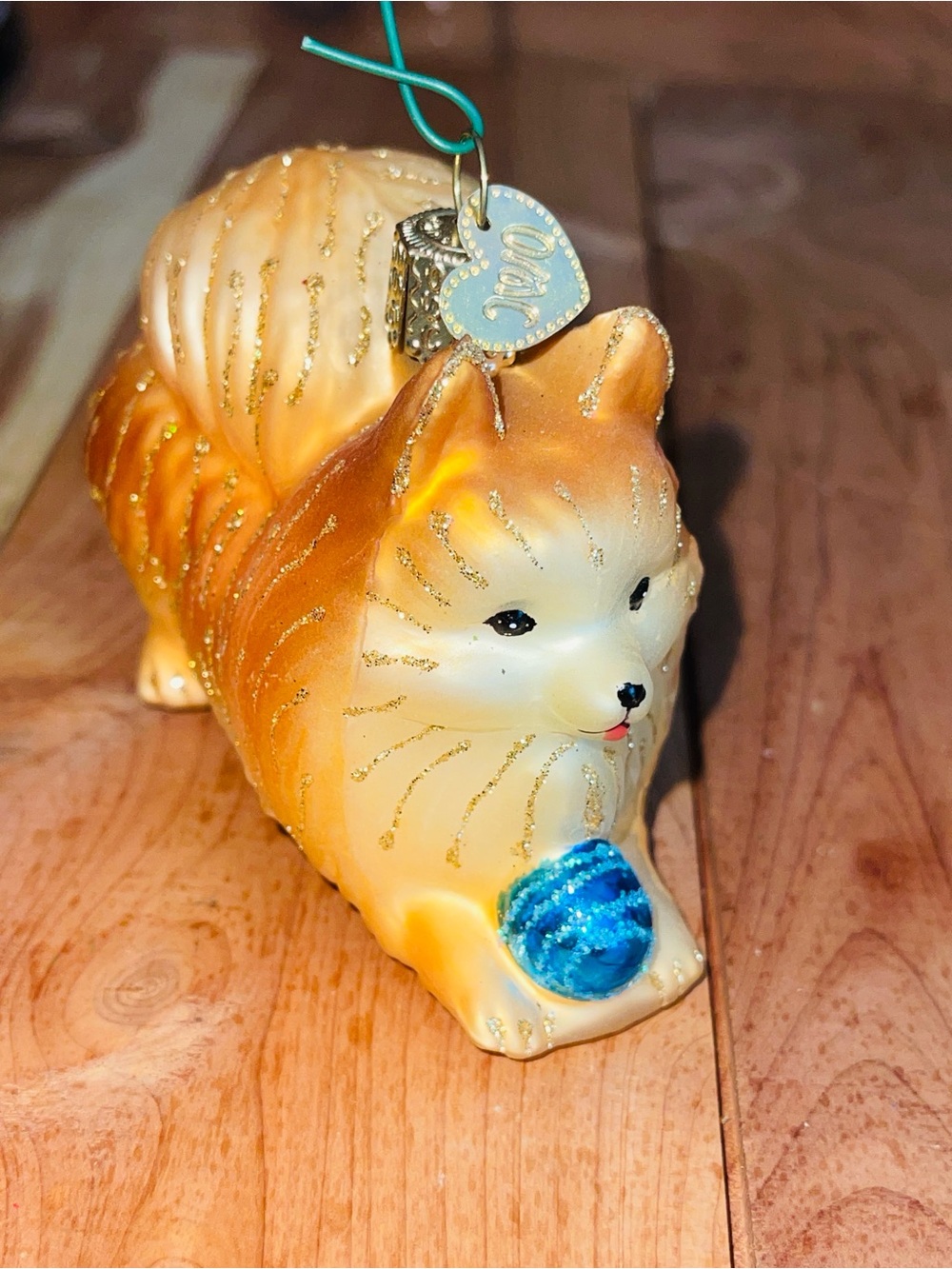 Glass Dog Pomeranian  Ornament with Blue Ball Christmas Dog
